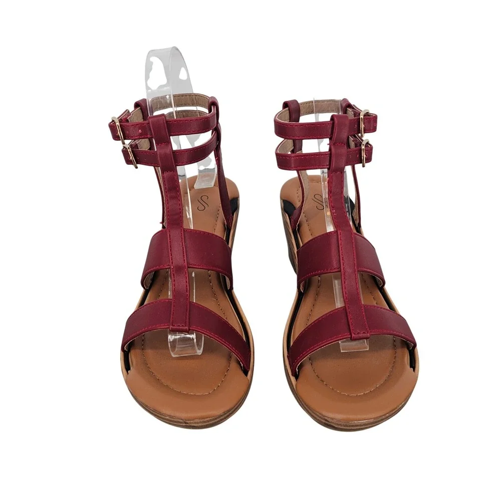 SolelyJane Burgundy Red Interchangeable Wedge Sandals Womens 6 Gladiator Buckle